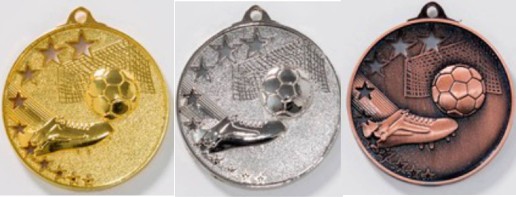 100 Fußballmedaillen in Gold,Silber,Bronze mit Motiv Spieler 50 mm Durchmesser 